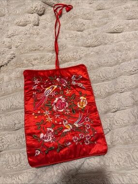 PurseN Red Satin Embroidered Floral Drawstring Pouch